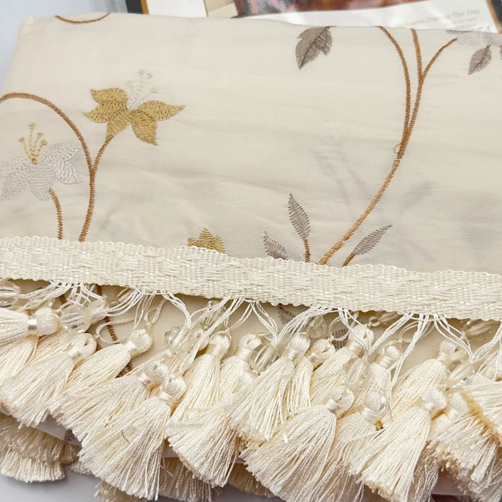 Royal Accent Beige Embroidered Taffeta Fringed Rod Pocket Valance 54x20 Lined